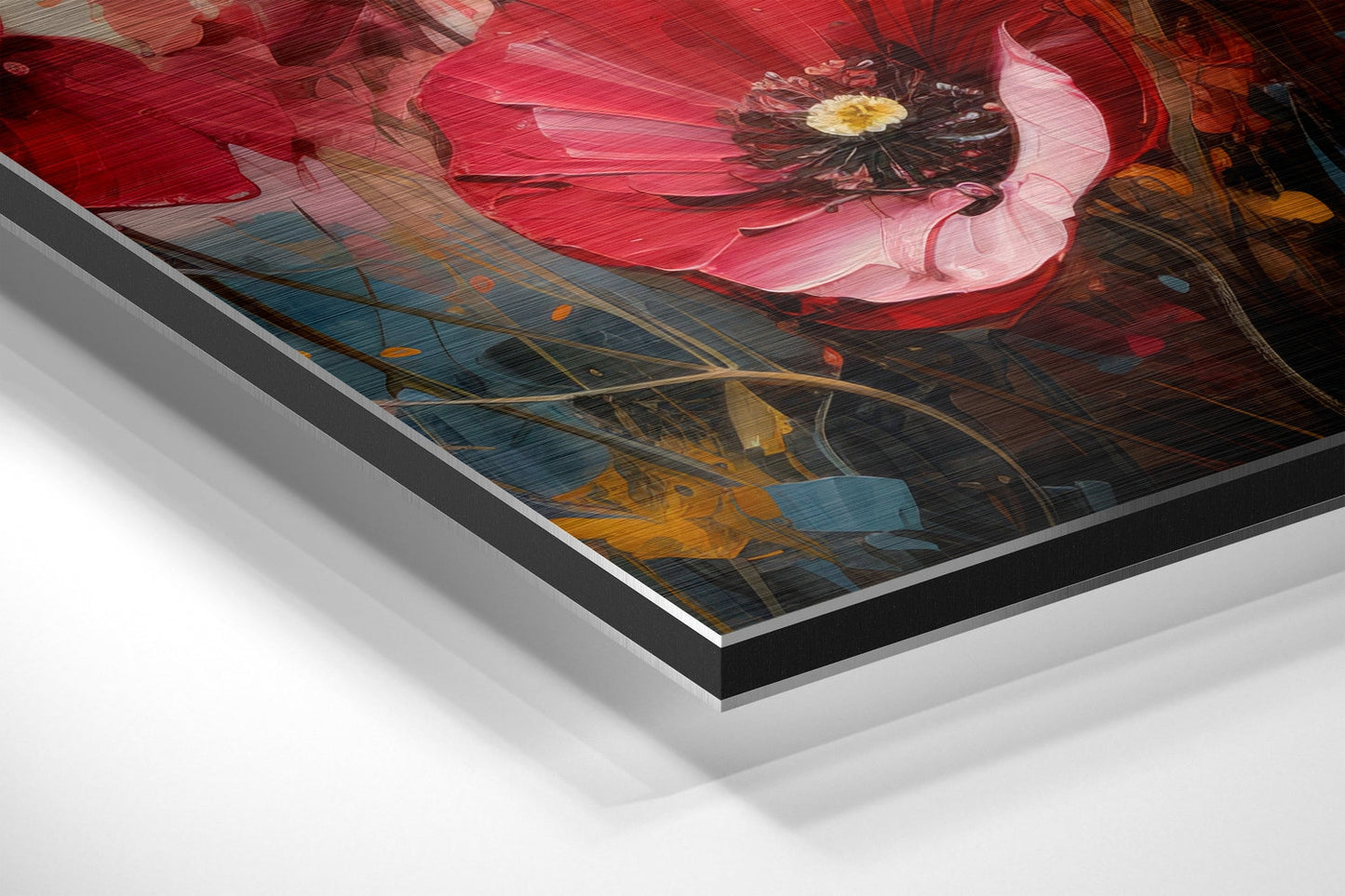 Close-up angled view of layered aluminum Dibond panel showing red poppies with dark centers and blue-toned foliage against dark background.