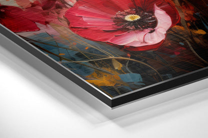 Close-up angled view of layered aluminum Dibond panel showing red poppies with dark centers and blue-toned foliage against dark background.