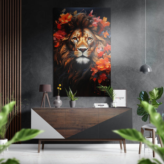 Modern interior with lion portrait artwork featuring orange flowers displayed above wooden console table with decorative accessories.