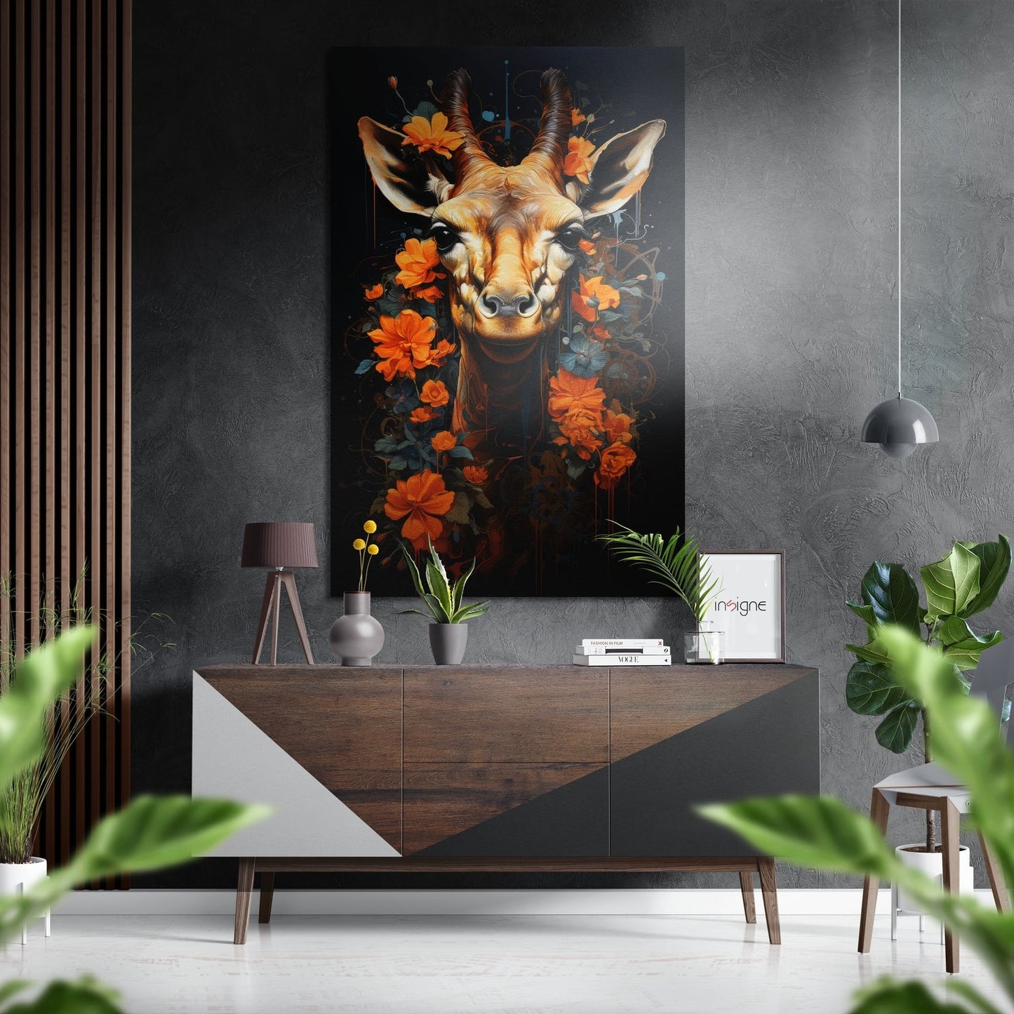 Giraffe with orange flowers artwork displayed on dark textured wall above wooden console table in modern interior setting.