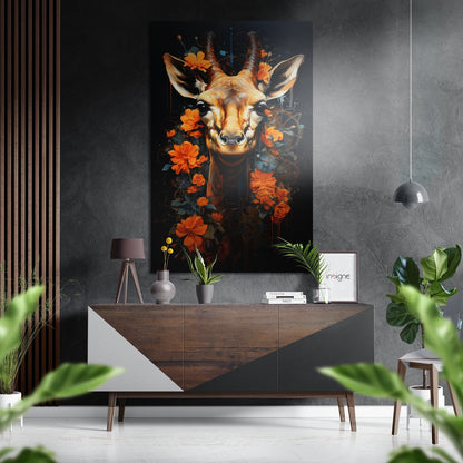 Giraffe with orange flowers artwork displayed on dark textured wall above wooden console table in modern interior setting.