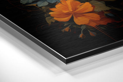 Angled close-up view of layered aluminum dibond panels displaying orange flowers on dark textured background.