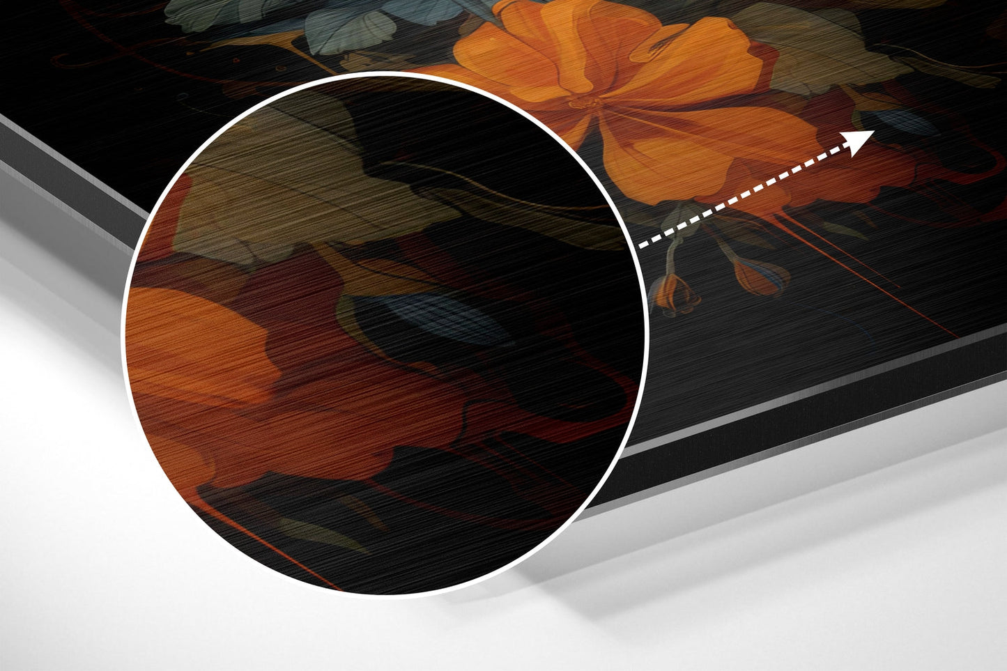Close-up detail of brushed aluminum dibond wall art showing deer silhouette with orange flowers and wood texture against dark background.