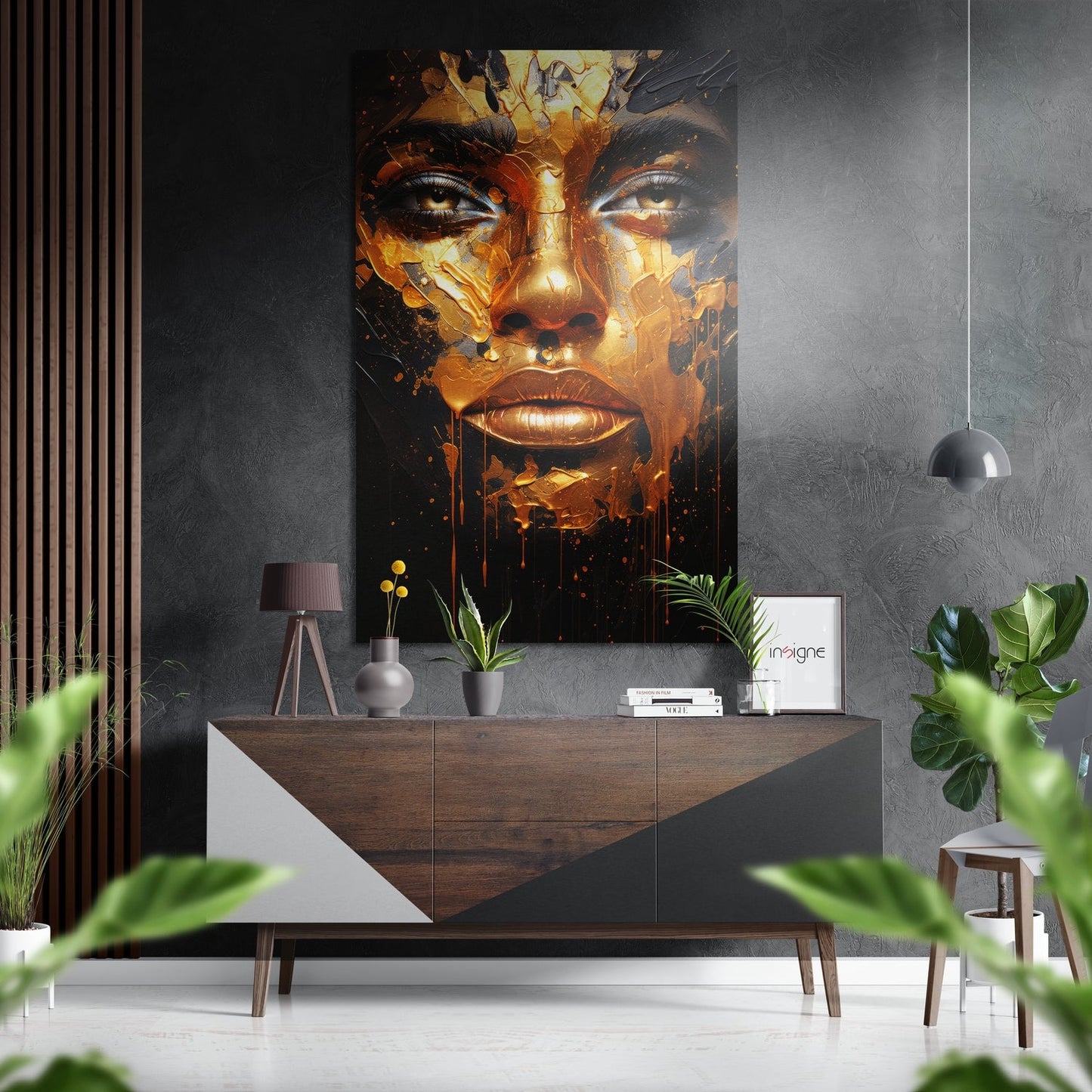 Golden Woman Brushed Aluminum Dibond Wall Art displayed above wooden console table in modern interior with gray textured walls and potted plants.