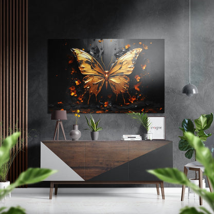 Golden Butterfly with Fiery Embers Brushed Aluminum Dibond Wall Art