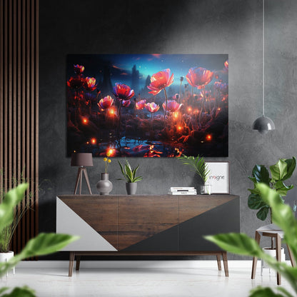Modern living room displaying illuminated red and pink flowers artwork on gray textured wall above wooden console table with accessories.