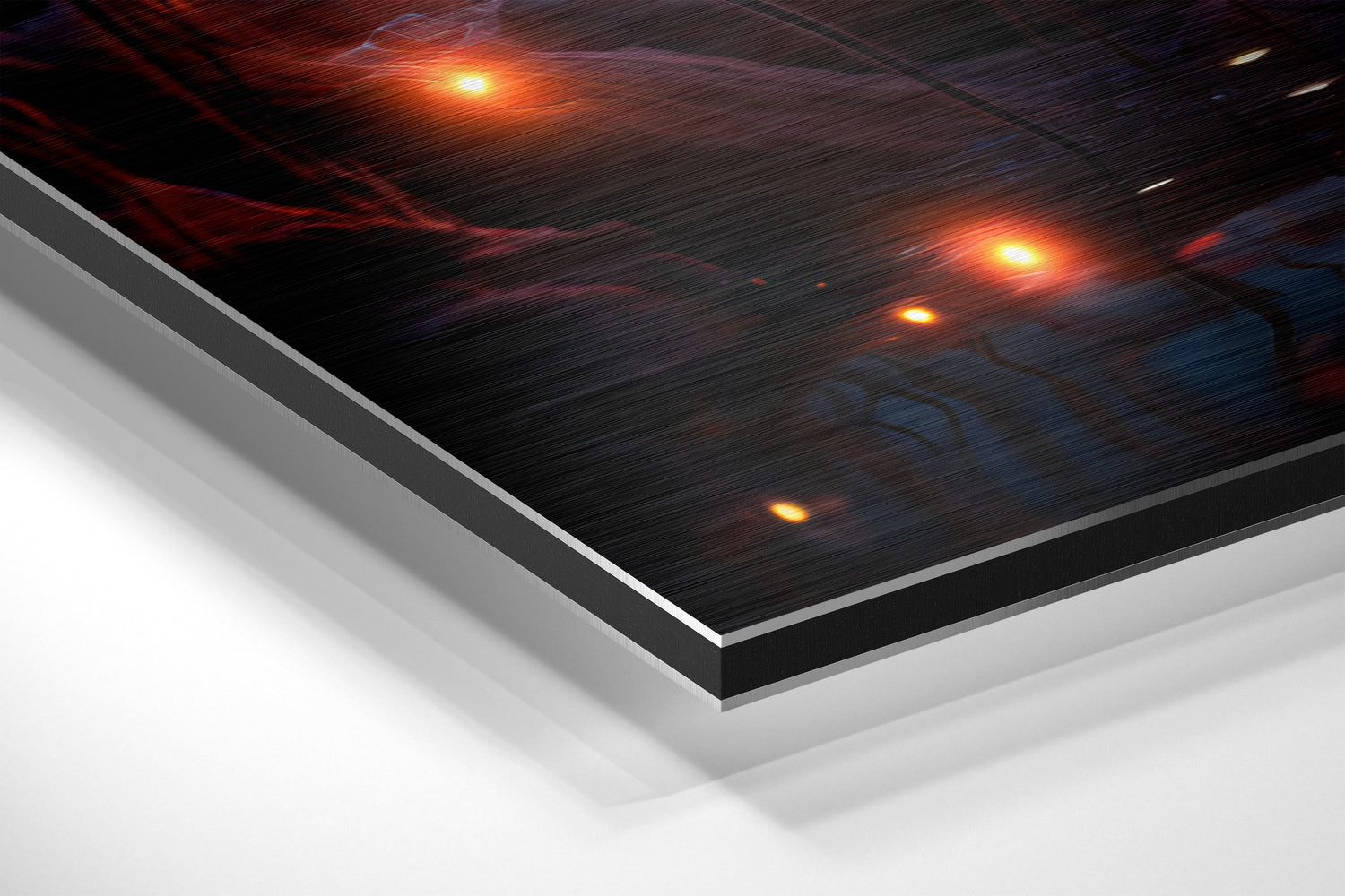 Angled perspective view of brushed aluminum Dibond panel with dark textured surface and warm-toned recessed lighting against white background.