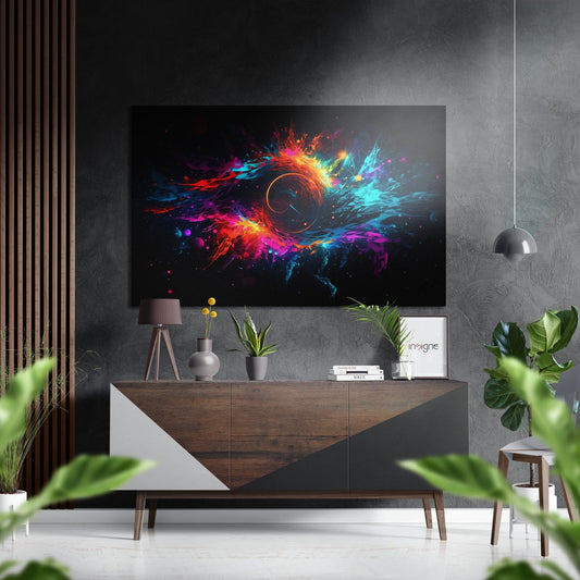Modern living room with colorful abstract art displaying vibrant orange, blue, and pink swirls mounted above wooden console table.