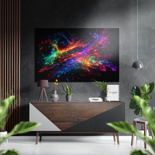 Modern living room displaying vibrant multicolored abstract brushstroke art on wall-mounted panel above wooden console table.