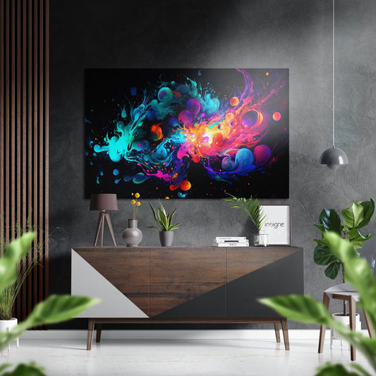 Modern living room with vibrant cyan, magenta, and orange liquid splash artwork displayed above a wooden console table with plants and décor.