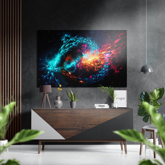 Modern living room interior with vibrant blue and red energy stream artwork mounted above wooden console table with plants and decor.