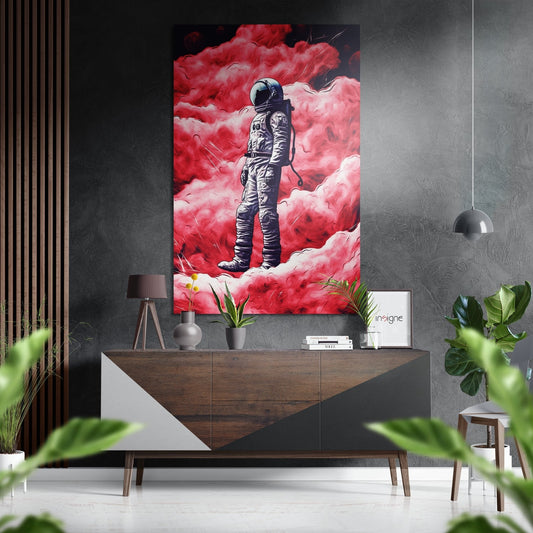 Modern living room interior featuring crimson smoke cloud astronaut wall art displayed above wooden console table with plants and pendant lighting.