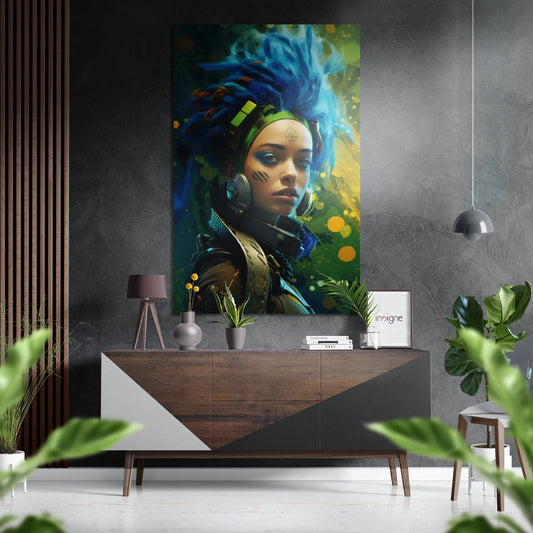Futuristic woman with blue dreadlocks and face paint wearing headphones, displayed on wall above wooden console in modern room setting.