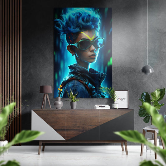 Futuristic portrait of blue-haired woman wearing neon-glowing goggles displayed above wooden console in modern interior setting.