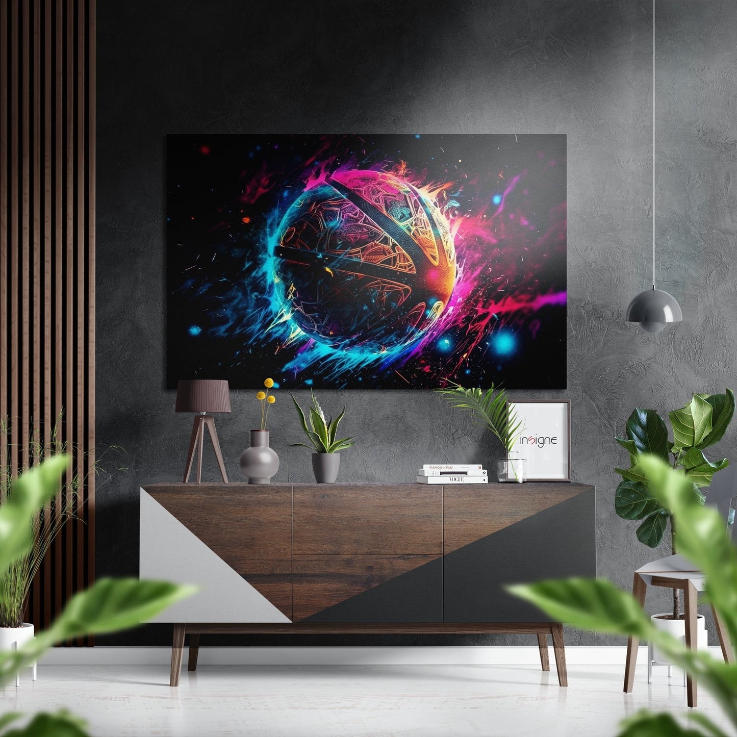 Neon Ball Brushed Aluminum Dibond Wall Art mounted above wooden console table displaying vibrant magenta, cyan, and yellow glowing sphere with dynamic light trails on dark background.