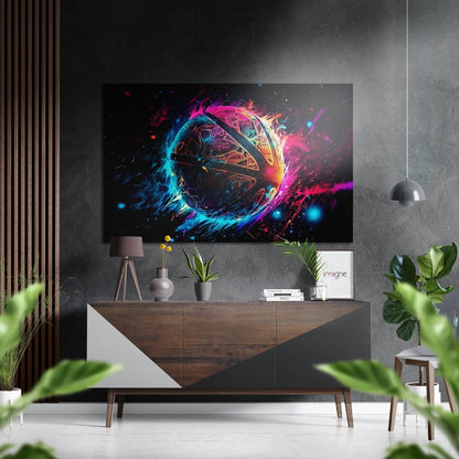 Neon Ball Brushed Aluminum Dibond Wall Art mounted above wooden console table displaying vibrant magenta, cyan, and yellow glowing sphere with dynamic light trails on dark background.