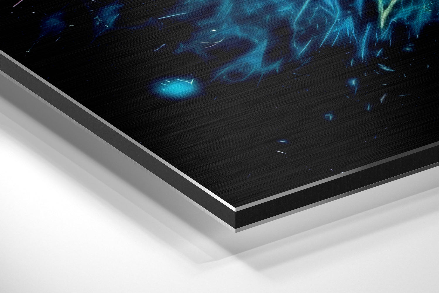 Angled perspective view of brushed aluminum Dibond panel with black surface featuring cyan neon ball and electric light streaks design.