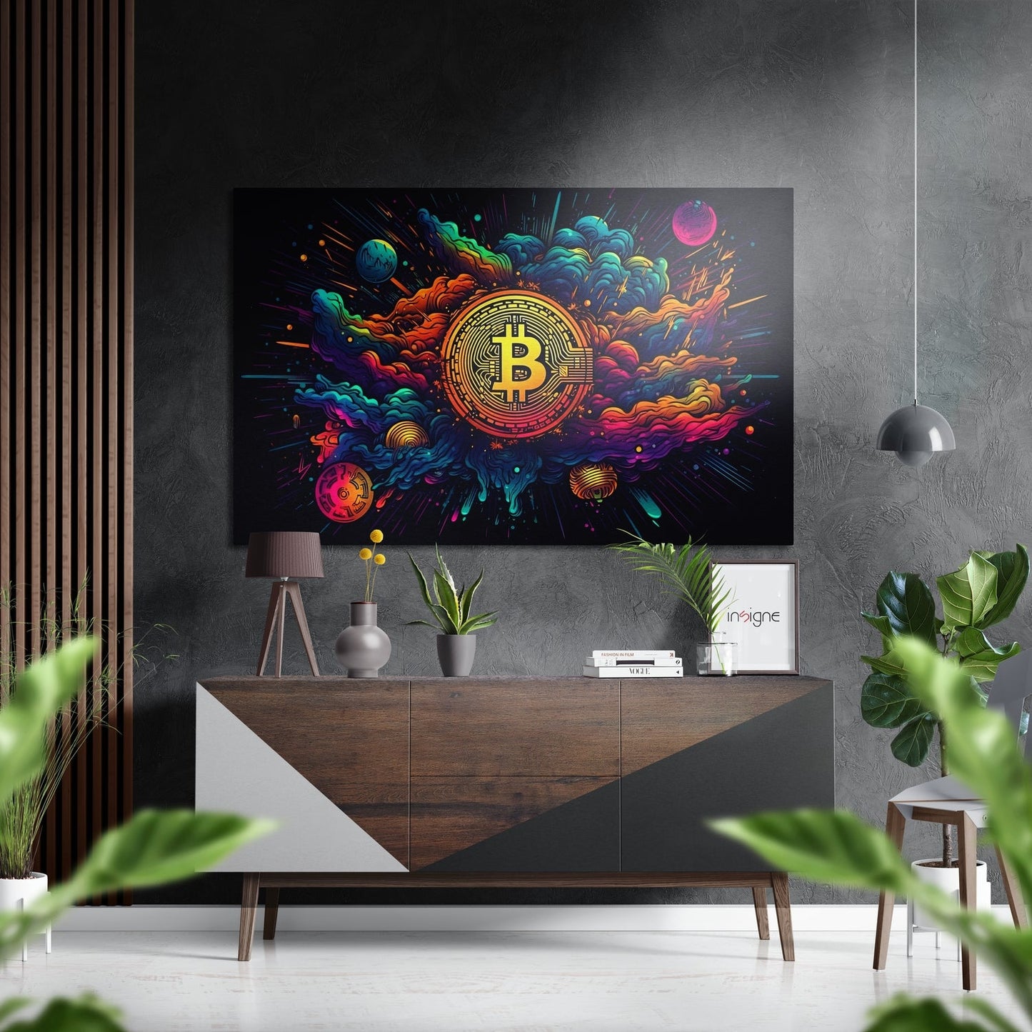 Neon Bitcoin Cosmic Burst Brushed Aluminum Dibond Wall Art