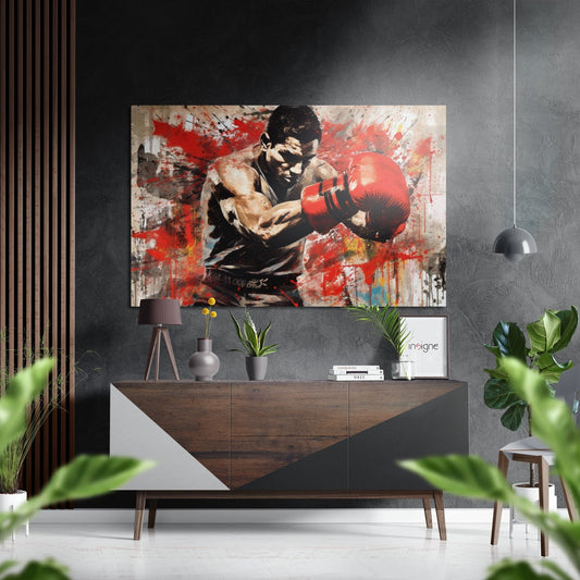 Modern interior with red and white splatter boxer artwork mounted above wooden dresser with plants and decorative objects.
