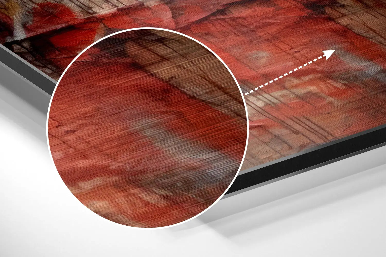 Red brown wood-grain abstract in black frame on brushed aluminium dibond