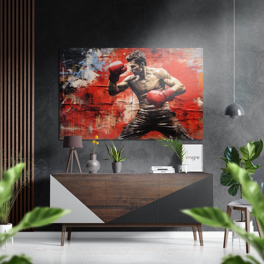 Modern interior with boxing artwork mounted above wooden dresser, featuring shirtless male boxer in red gloves against red textured background.