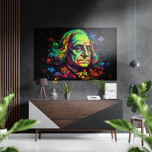 Vibrant neon pop art portrait of Benjamin Franklin with colorful splatter effects displayed above a wooden console in a modern interior.