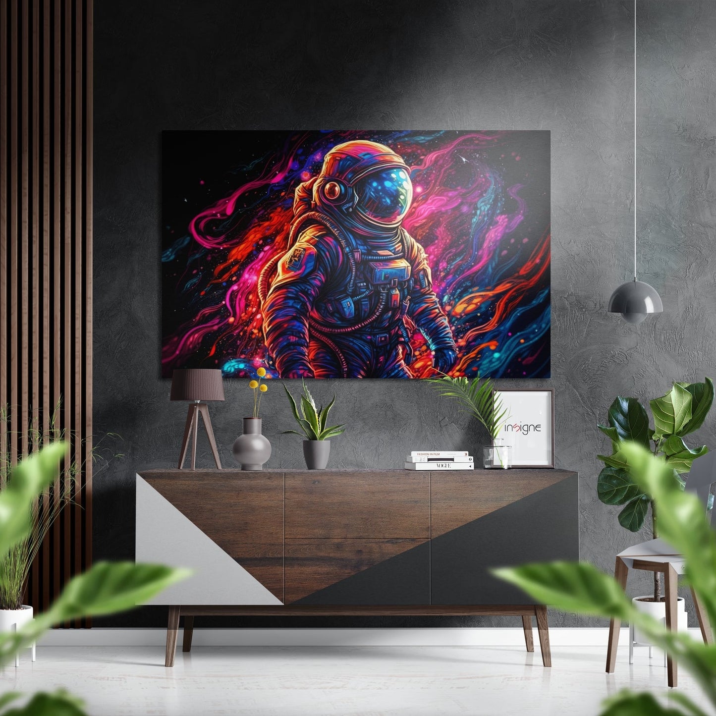 Neon Paint Swirl Astronaut Brushed Aluminum Dibond Wall Art