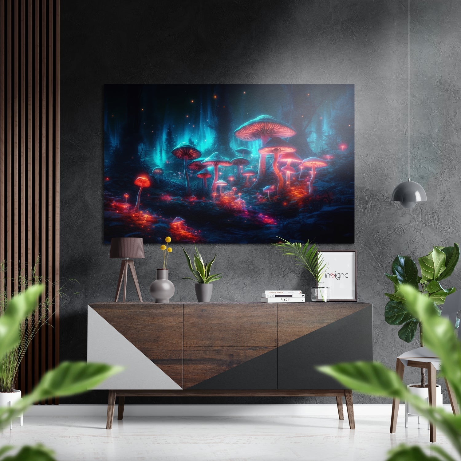 Neon glowing red and blue mushrooms displayed on wall above wooden console in modern room setting with plants.