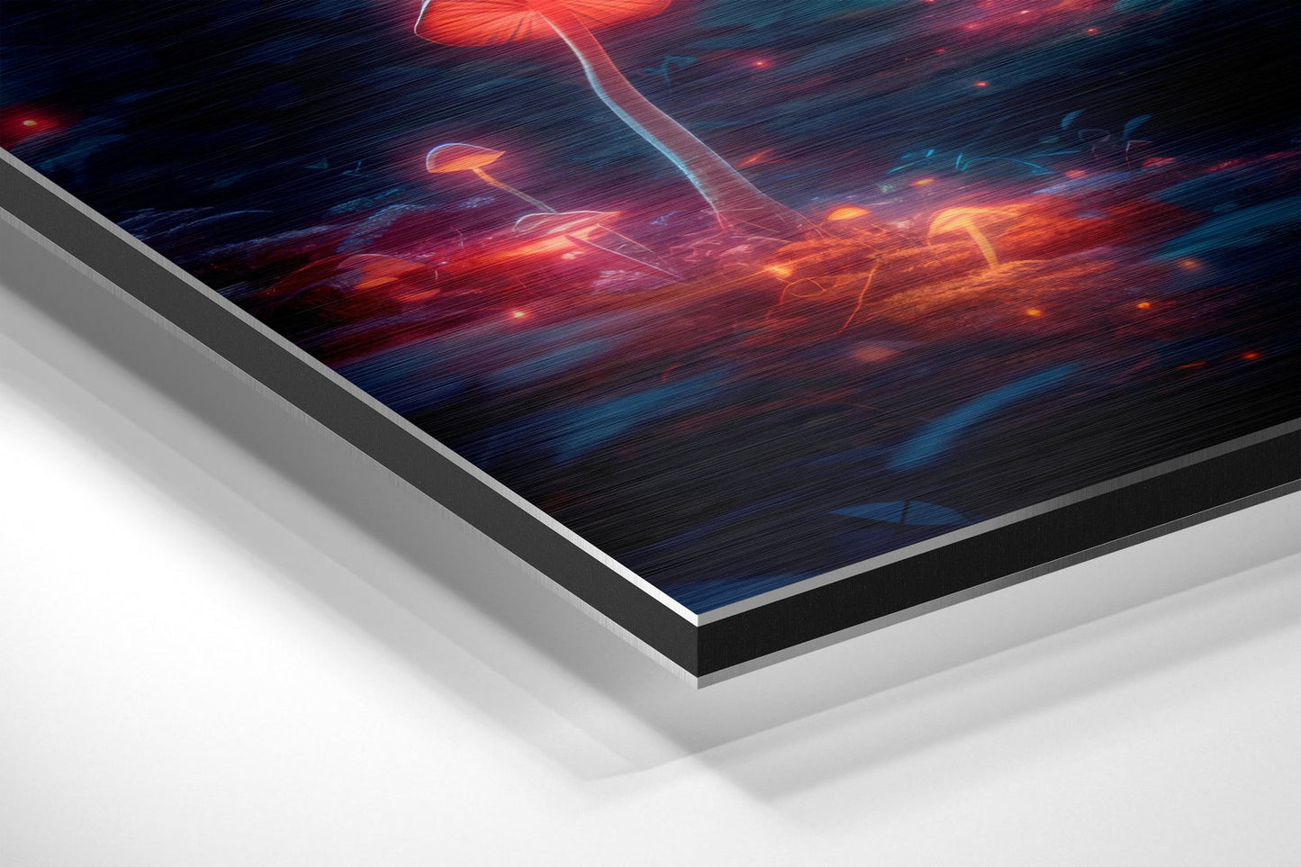 Angled view of Mushroom Planet wall art on brushed aluminum Dibond showing vibrant red and blue glowing abstract design with layered edge detail.