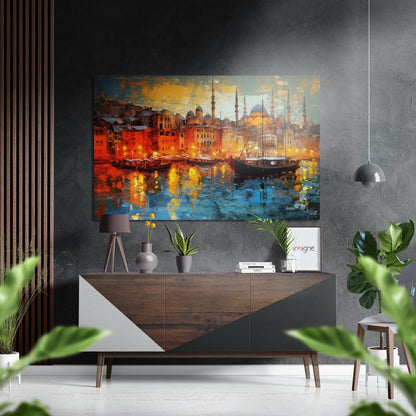 Istanbul Brushed Aluminum Dibond artwork displaying vibrant harbor scene with red buildings, sailboats, and golden reflections hung above wooden dresser in modern interior.