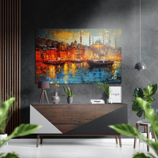 Istanbul Brushed Aluminum Dibond artwork displaying vibrant harbor scene with red buildings, sailboats, and golden reflections hung above wooden dresser in modern interior.