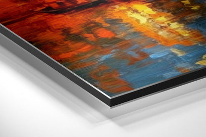 Angled perspective view of Istanbul Brushed Aluminum Dibond wall art showing layered edges and vibrant orange-blue abstract composition.