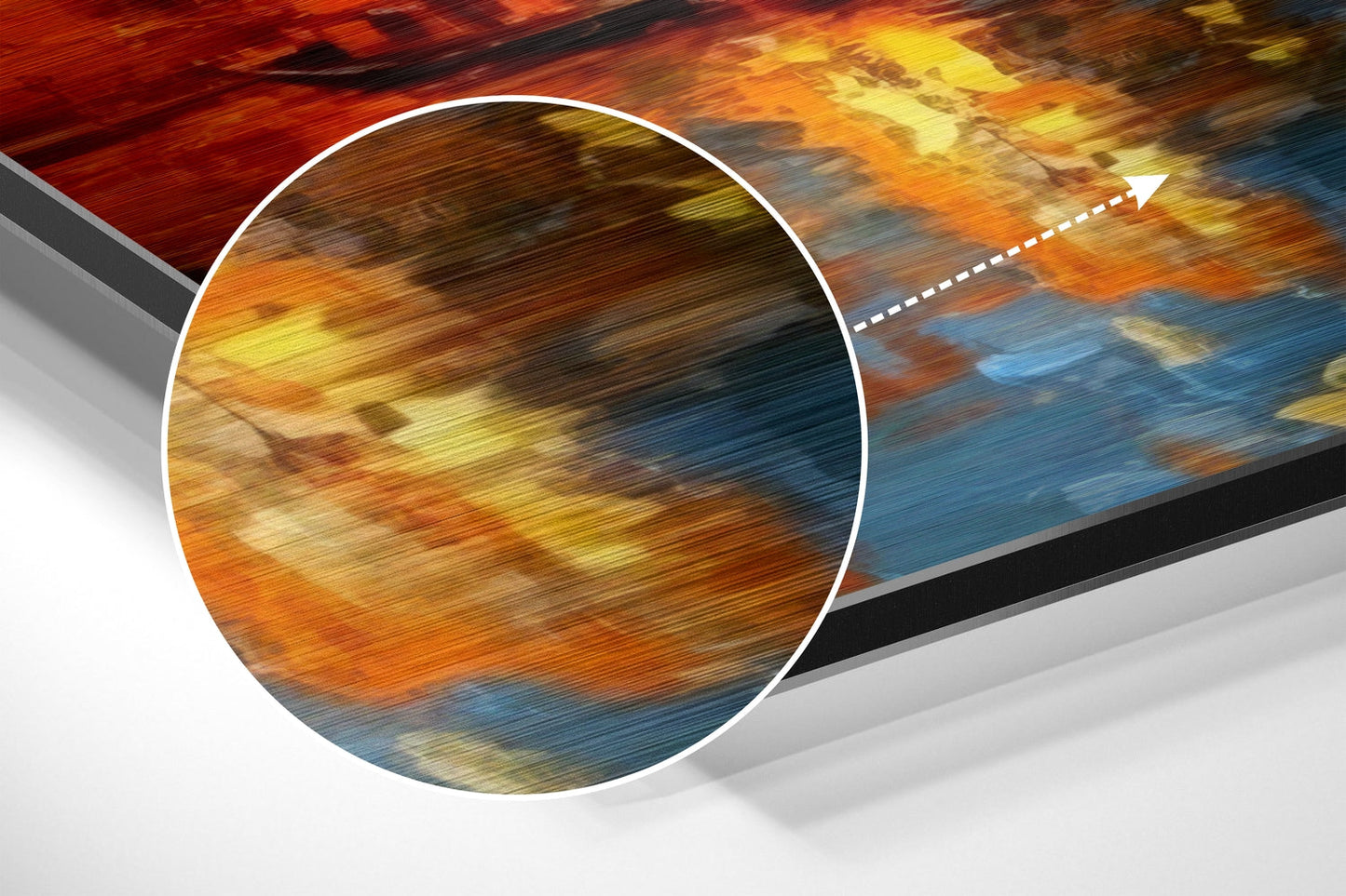 Close-up detail of Istanbul Brushed Aluminum Dibond Wall Art showing orange, yellow, and blue abstract brushstroke patterns with magnified circular viewing window.