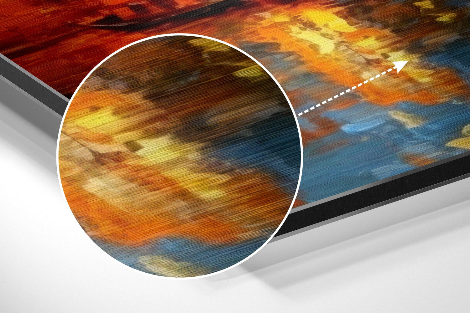 Close-up detail of Istanbul Brushed Aluminum Dibond Wall Art showing orange, yellow, and blue abstract brushstroke patterns with magnified circular viewing window.