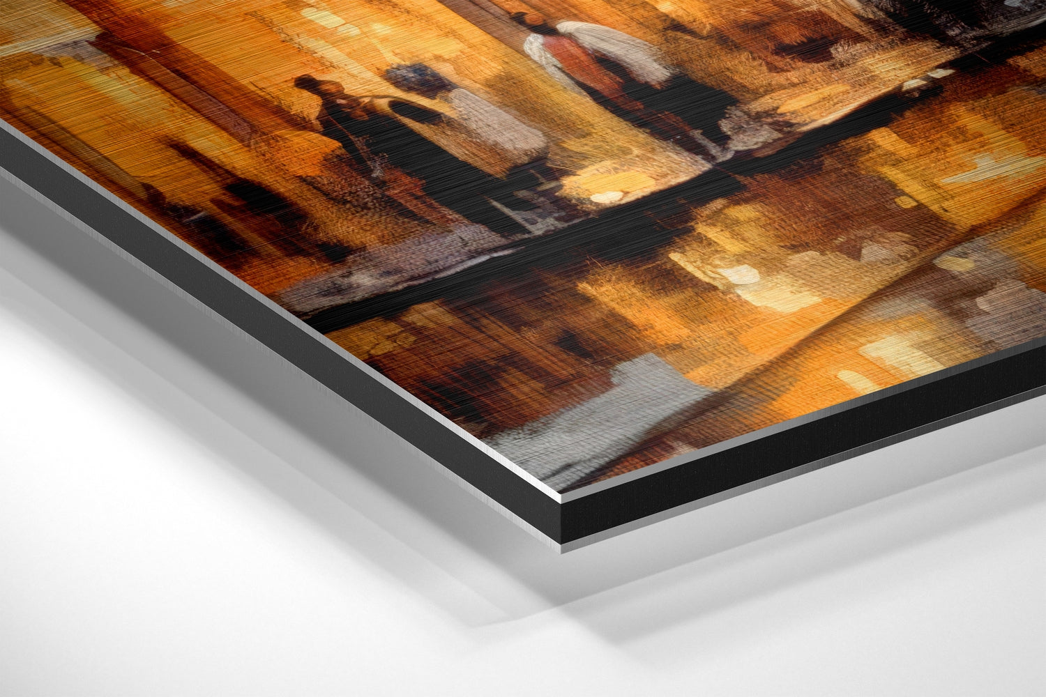 Close-up angled view of layered Dibond aluminum frame showing warm brown and orange tones with silhouetted figures on textured surface.