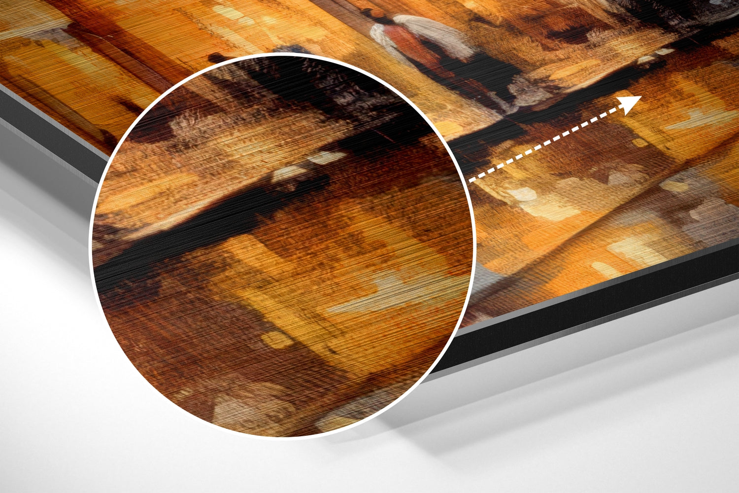 Close-up circular detail of Tram Brushed Aluminum Dibond Wall Art showing warm wood grain texture in golden and dark brown tones.