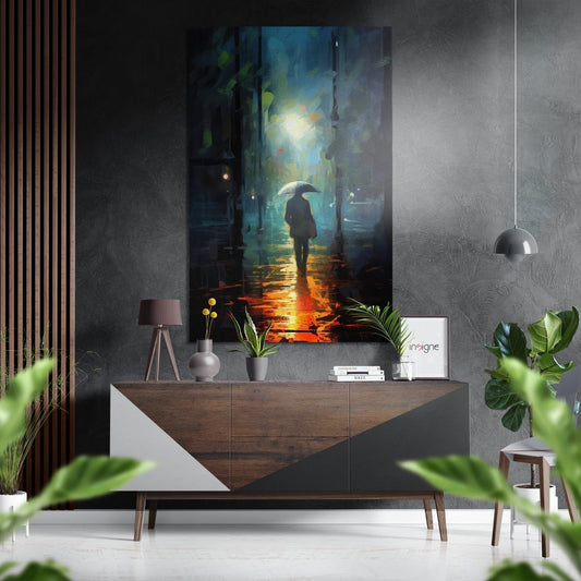 Modern interior styled with "Alone" Dibond art displaying silhouetted figure with umbrella in rain-lit alley, mounted above wooden dresser.