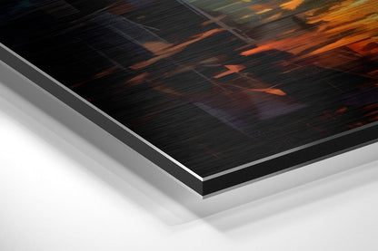 Close-up angled view of layered Dibond panel showing brushed aluminum surface with black and white backing layers beneath dark image with orange arrow details.
