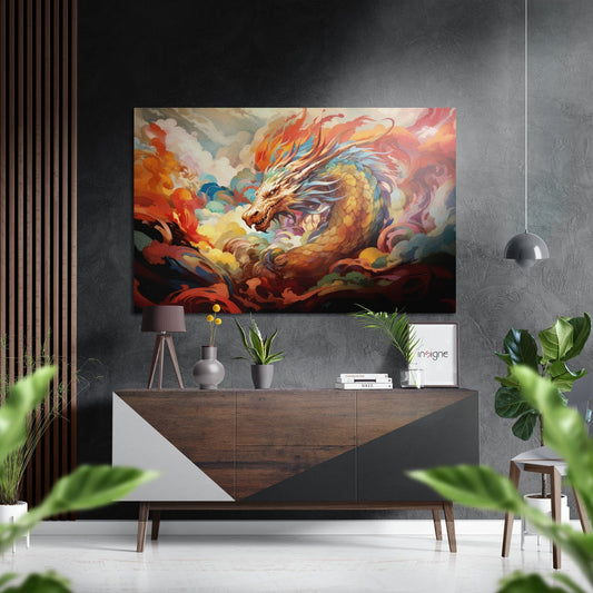 Colorful golden dragon artwork in pastel clouds displayed above wooden console table in modern gray interior with plants.