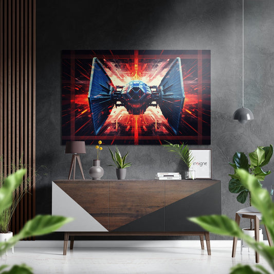 Red and blue starfighter with radiating light burst displayed on wall above wooden console in modern gray interior.