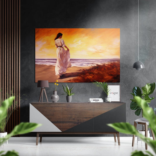 Modern interior with framed beach artwork above wooden dresser, surrounded by potted plants and pendant lamp.