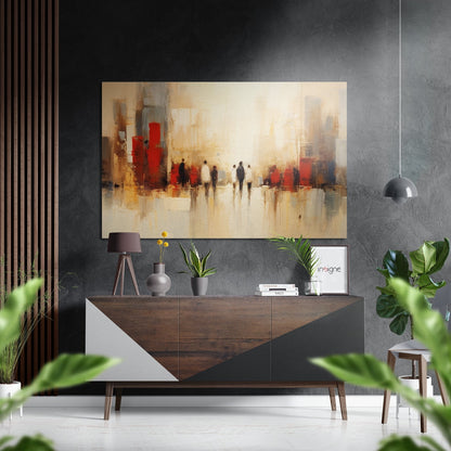 Modern interior scene with abstract urban artwork featuring red and gold tones displayed above a wooden sideboard with potted plants and decor.