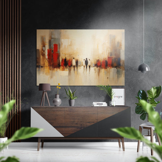Modern interior scene with abstract urban artwork featuring red and gold tones displayed above a wooden sideboard with potted plants and decor.