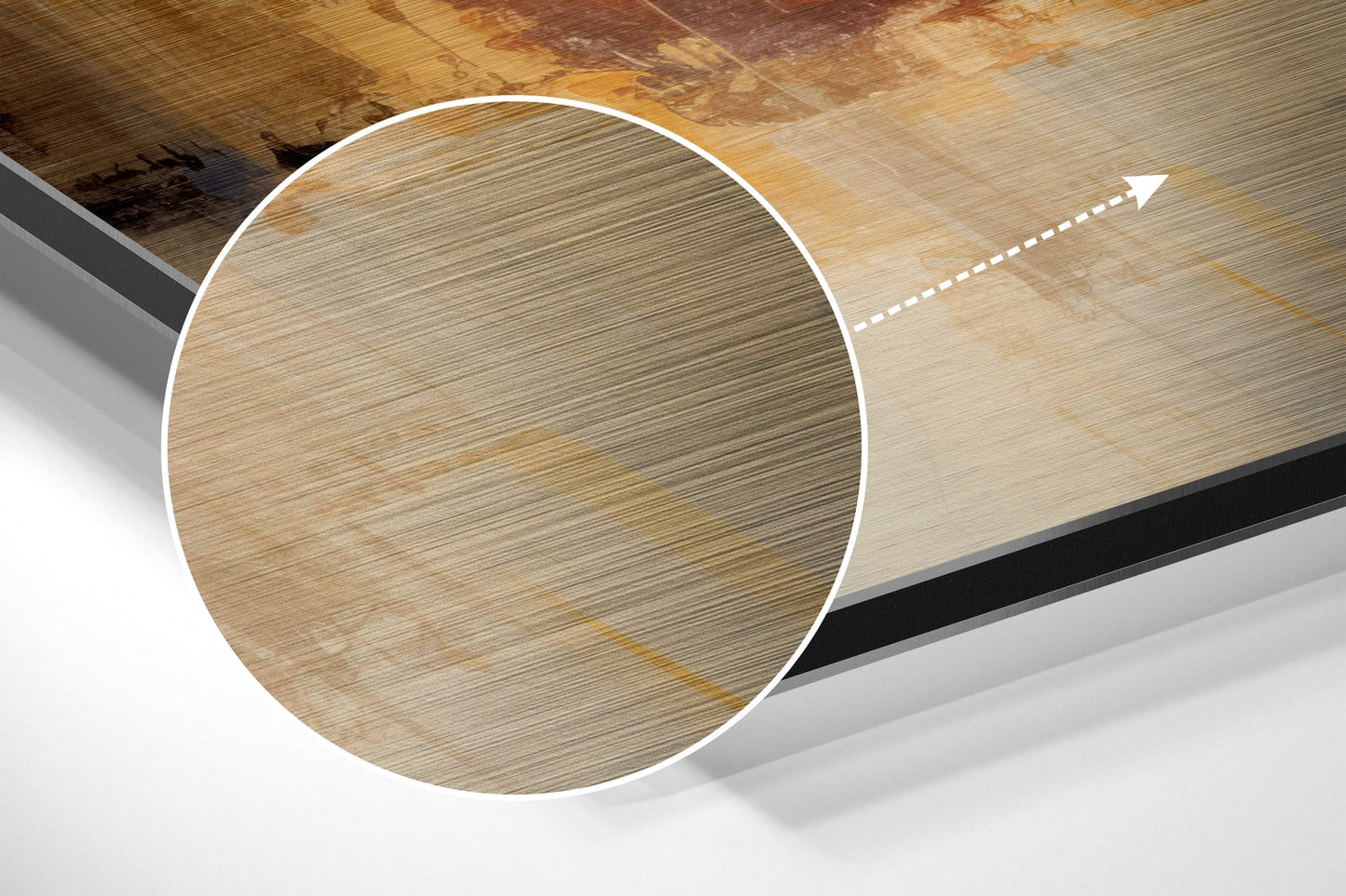 Close-up detail of Beach Walk Brushed Aluminum Dibond Wall Art showing wood grain texture and brushed metal surface with installation arrow.