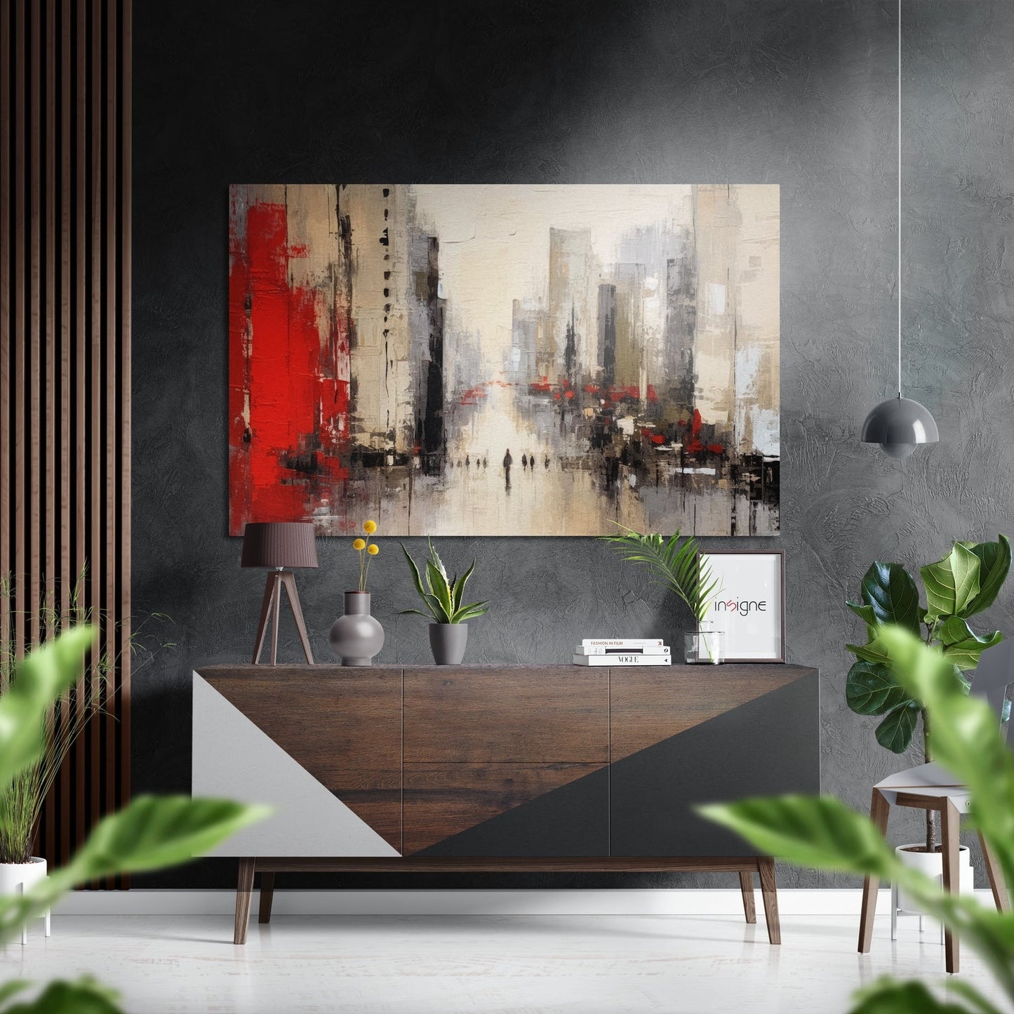 Red Accent Abstract City Walkers Brushed Aluminum Dibond Wall Art
