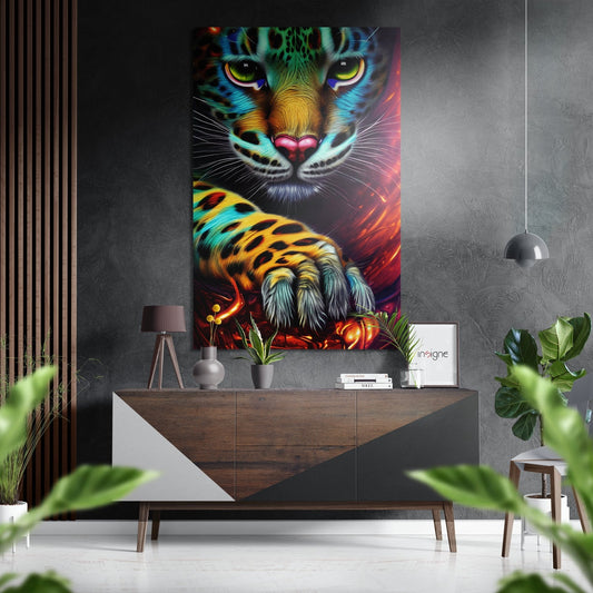 Vibrant neon tiger artwork displayed above wooden dresser in modern room setting with plants and pendant lamp.