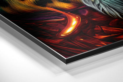 Angled perspective view of brushed aluminum Dibond wall art displaying a glowing baby tiger's face with orange and red flame-like brushstrokes on black background.