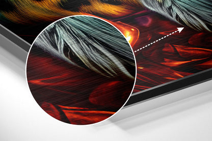 Close-up detail of brushed aluminum wall art showing tiger's face with red and orange fire-effect background and directional arrow.