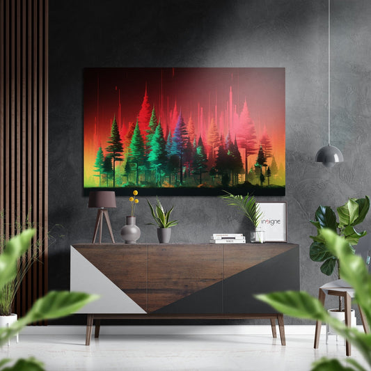 Modern living room with neon forest artwork above wooden console table displaying plants and decor.