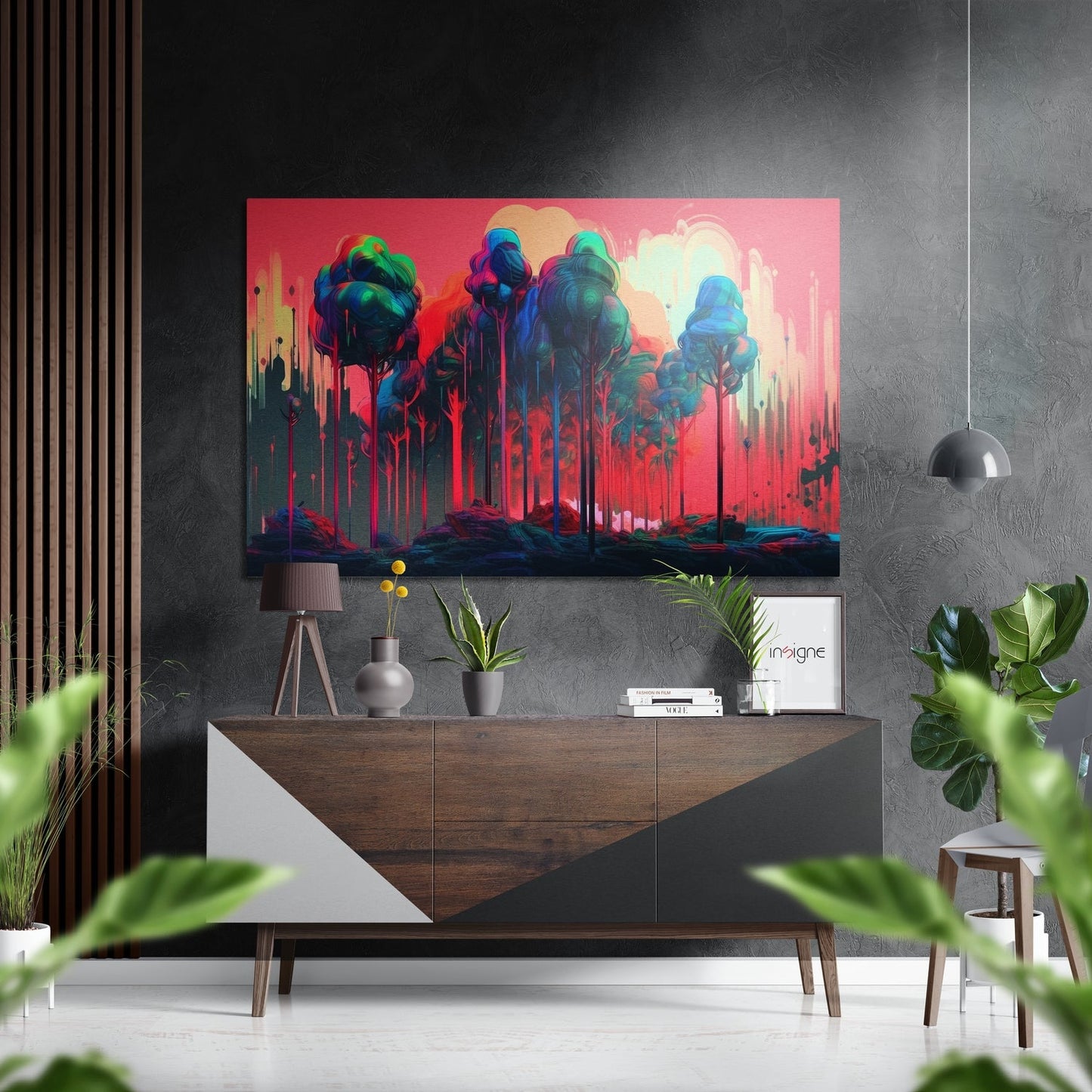 Coral Sky Teal Dripping Tree Grove Brushed Aluminum Dibond Wall Art